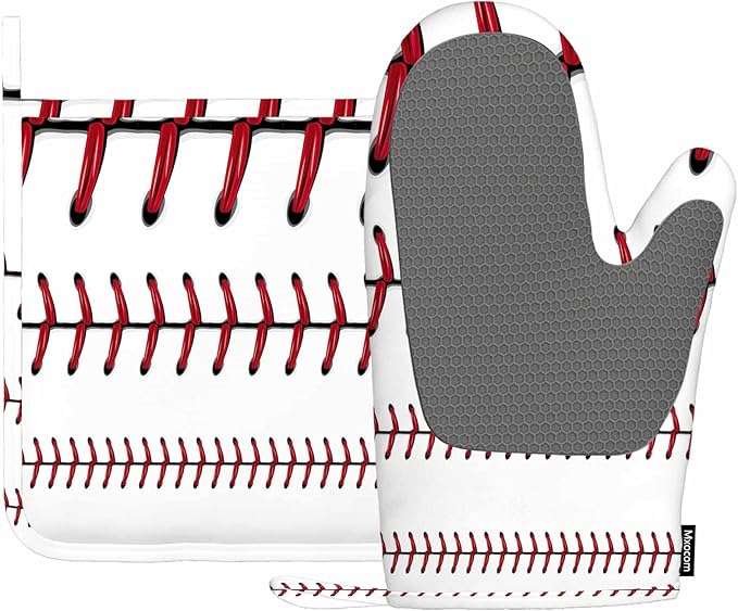 Mxocom Softball Oven Mitts and Pot Holders Sets Baseball Red Lace Over White Background Silicone Heat Resistant Kitchen Oven Gloves Pot Holder for Cooking