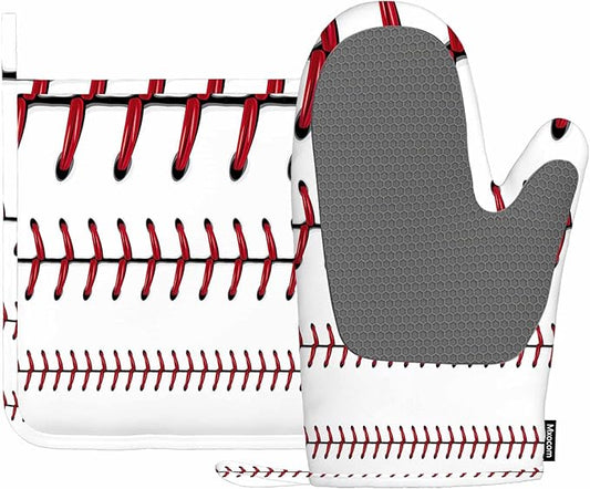Mxocom Softball Oven Mitts and Pot Holders Sets Baseball Red Lace Over White Background Silicone Heat Resistant Kitchen Oven Gloves Pot Holder for Cooking