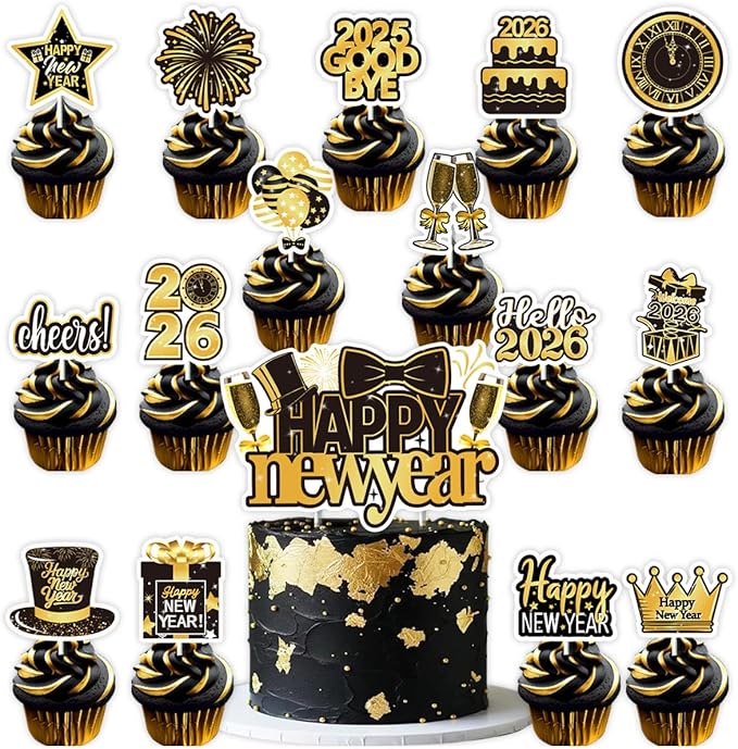 2026 New Year Party Decorations Set, Gold and Black Balloons, Banners, Cupcake Toppers, Happy New Year Theme Pack