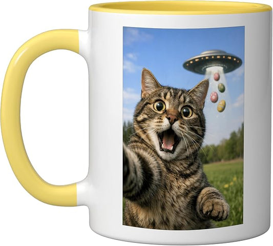 Funny Cat Selfie with Easter Eggs UFO for Men Women Kids Ceramic Mug, Yellow/White