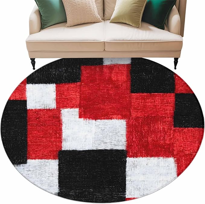 Washable Round Area Rug Red Black White Gradient Circle Rugs Floor Carpet for Living Room Bedroom, Abstract Color Block Soft Non Slip Round Rug 5ft