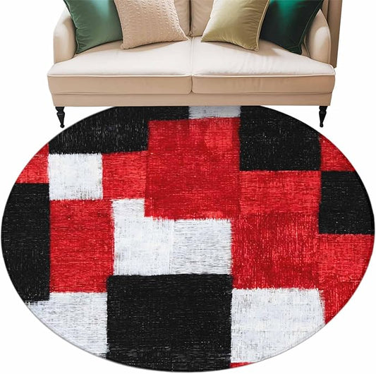 Washable Round Area Rug Red Black White Gradient Circle Rugs Floor Carpet for Living Room Bedroom, Abstract Color Block Soft Non Slip Round Rug 5ft