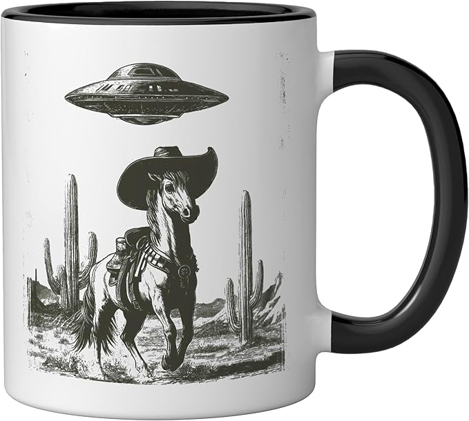 Funny Alien UFO Cowboy Horse Desert Cactus Western Graphic Ceramic Mug, Black/White