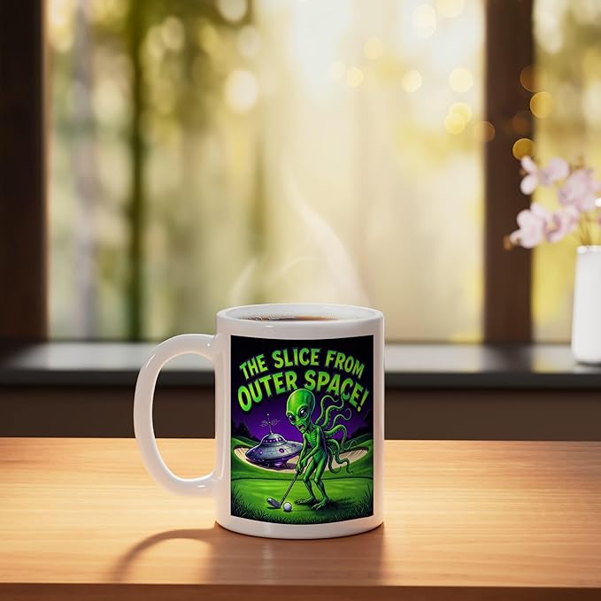 Funny Golfing Alien The Slice From Outer Space Retro UFO Ceramic Mug, White