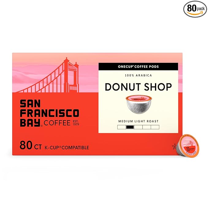 San Francisco Bay K-Cup Coffee Pods, Donut Shop (80 ct), Medium-Light Roast, Commercially Compostable Single-Serve Coffee Pods