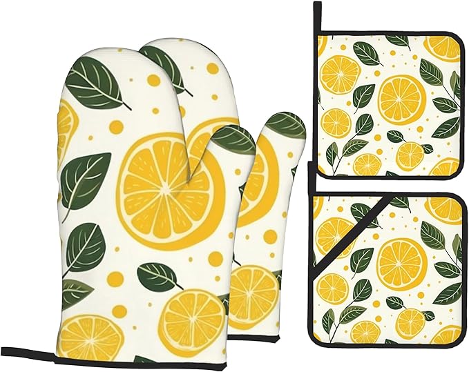 Yellow Lemon Oven Mitts and Heat Resistant Pads - Heat Resistant Gloves Potholder Set of 4 for Cooking, BBQ, Gifts for Women