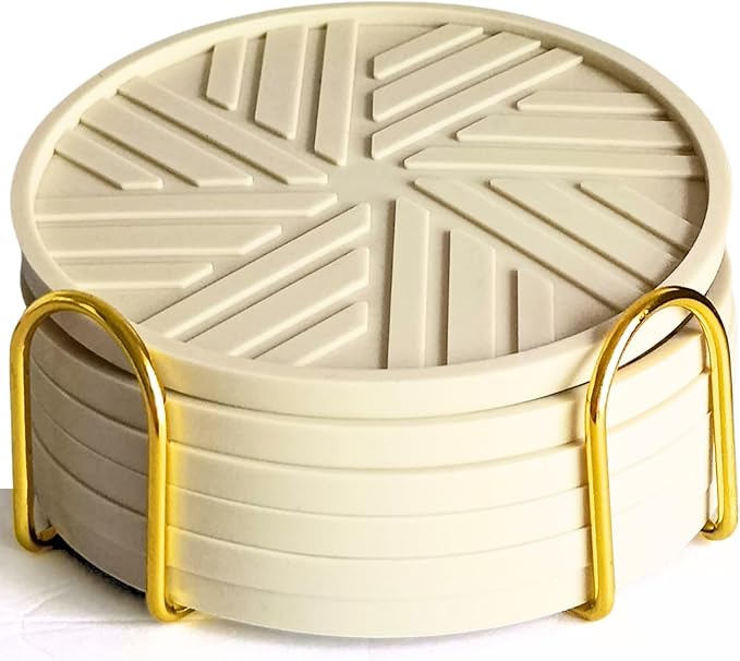 Silicone Drinks Coasters Set of 6 - with Gold Holder, smart Modern Grooved Pattern to Prevent Sticking from Cups, Protecs to Coffee Tables, Boho Vintage Home Office bar Decor - Beige