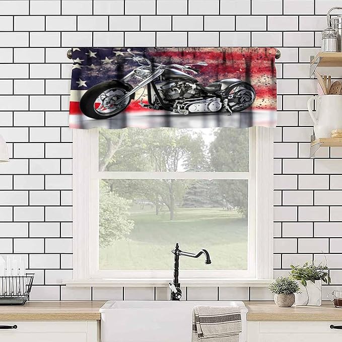 Motorcycle Valance Curtain Black Motorcycle American Flag Background Rod Pocket Valance Window Treatments Short Curtains for Kitchen Bathroom Farmhouse Living Room Decor 54x18inch