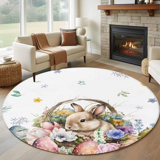 Washable Round Area Rug Easter Egg Spring Flower Cute Rabbit Circle Rugs Floor Carpet for Living Room Bedroom, Blossom Floral on White Soft Non Slip Round Rug 5ft