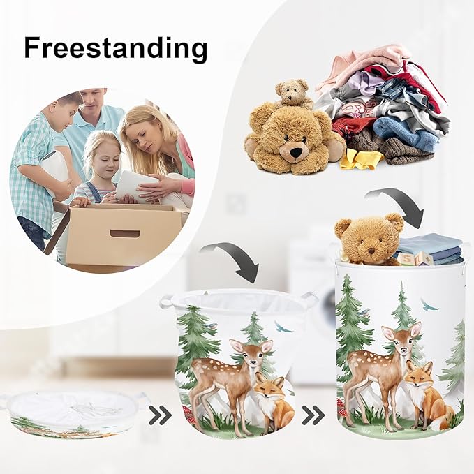 Forest Animals Baby Laundry Hamper Collapsible Clothes Kids Storage Basket Bear Fox Large Boys Girls Gift Toy Box Bin for Nursery, Deer, 63L