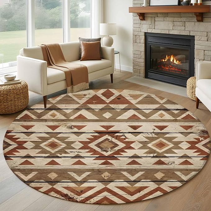Washable Round Area Rug Rustic Aztec Style Pattern Circle Rugs Floor Carpet for Living Room Bedroom, Southwestern Geometric Art Soft Non Slip Round Rug 5ft