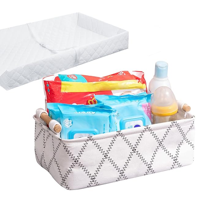 Decorative Collapsible Rectangular Fabric Storage Bin Organizer Basket with Wooden Handles for Clothes Storage,15.4x10.6x5.1 inch,White