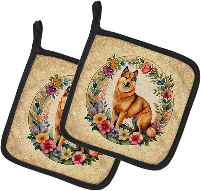 Caroline's Treasures Finnish Spitz and Flowers Pair of Pot Holders Kitchen Heat Resistant Pot Holders Sets Oven Hot Pads for Cooking Baking BBQ, 7 1/2 x 7 1/2