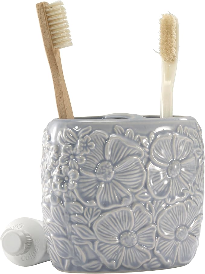 Nicole Miller – Toothbrush Holder, Floral Ceramic with Hand-Painted Accents, Elegant Home Decor – Perfect for Organizing Bathroom Essentials (Camille)