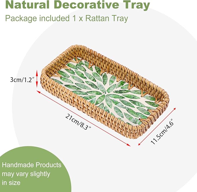 Decorative Key Basket Tray fot Entryway Table Woven Rattan Tray with Mother-of-Pearl Inlay Rectangular Wicker Display Basket for Jewlry, Green