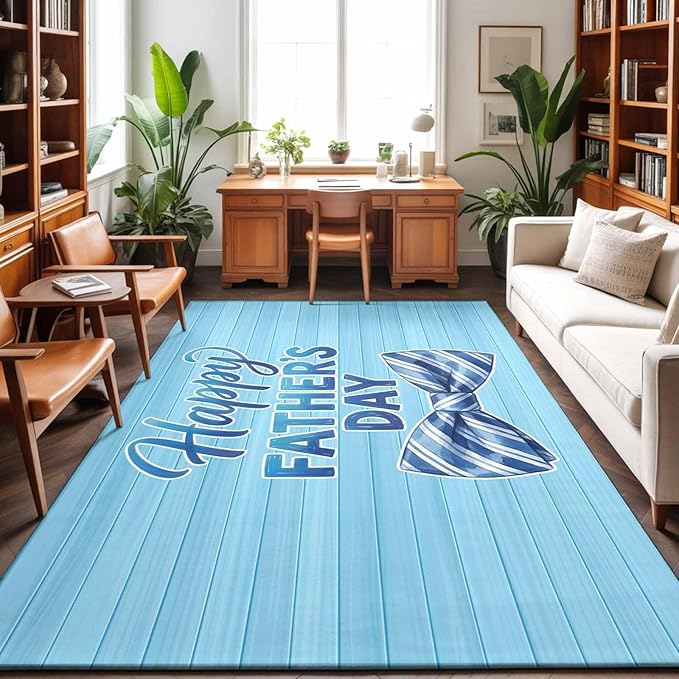 Area Rug 3x5ft, Father's Day Vintage Plank Washable Rugs for Living Room Bedroom, Cartoon Blue Stripes Bow Soft Non-Slip Area Rugs Rectangle Floor Carpet for Dining Room