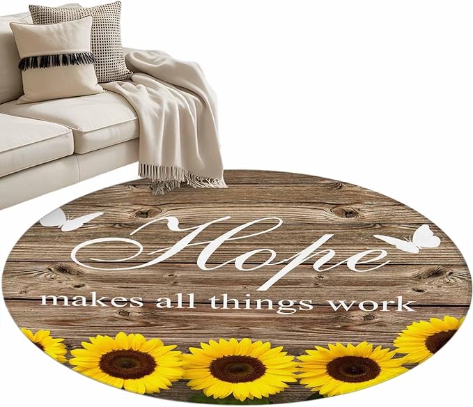 Washable Round Area Rug Farm Sunflower Positive Energy Quote Circle Rugs Floor Carpet for Living Room Bedroom, Retro Dark Brown Wood Grain Soft Non Slip Round Rug 3ft