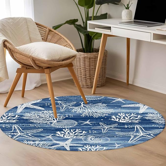 Navy Blue Coastal 4ft Round Rug, Ocean Coral Starfish Non-Skid Rubber Backing Large Area Rugs - Living Room Bedroom Home Office, Summer Beach Indoor Floor Mat Carpets Washable Rug