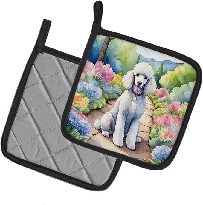 Caroline's Treasures White Poodle Spring Path Pair of Pot Holders Kitchen Heat Resistant Pot Holders Sets Oven Hot Pads for Cooking Baking BBQ, 7 1/2 x 7 1/2