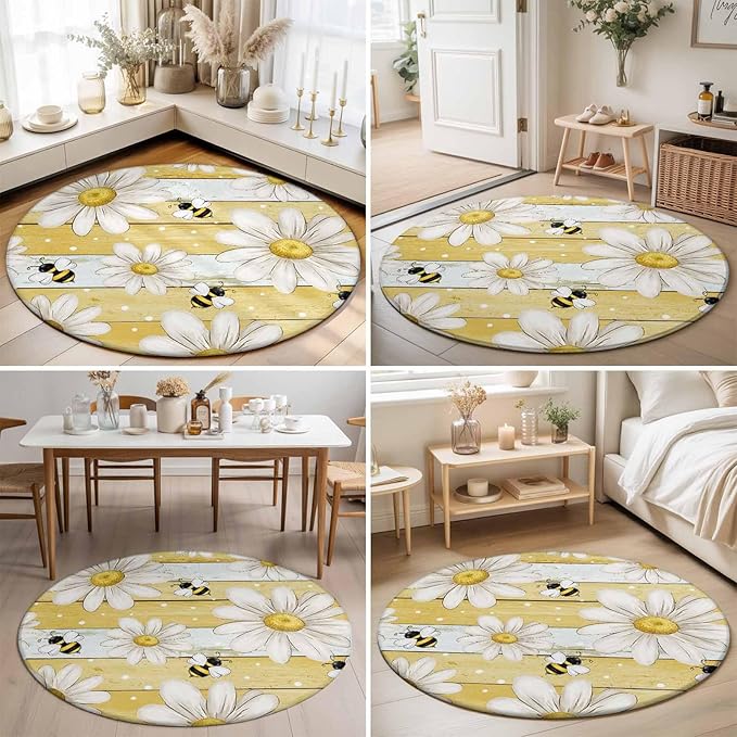 Washable Round Area Rug Summer Rustic Daisy Flower Bee Circle Rugs Floor Carpet for Living Room Bedroom, Blossom Floral Yellow Wooden Soft Non Slip Round Rug 3ft