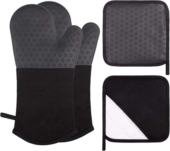 Webake Oven Mitts and Pot Holders Set of 4, 2 pcs Long Silicone Baking Oven Gloves and 2 pcs Silicone Hot Pads with Pocket for Oven Baking