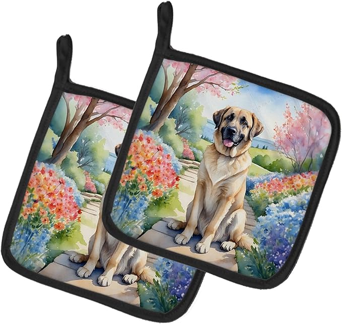 Caroline's Treasures Anatolian Shepherd Spring Garden Pair of Pot Holders Kitchen Heat Resistant Pot Holders Sets Oven Hot Pads for Cooking Baking BBQ, 7 1/2 x 7 1/2