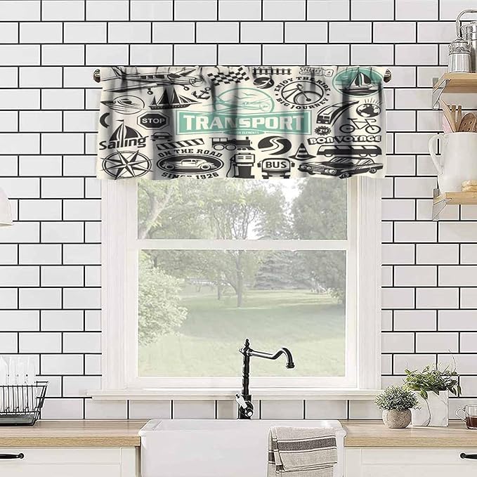 Retro Valances Curtains Garage Symbol Car Transportation Vehicle Icon Set,Design Elements of Car Logo Windows Short Curtain Valance for Kitchen Bedroom with Rod Pocket, One Panel 54X18 Inches