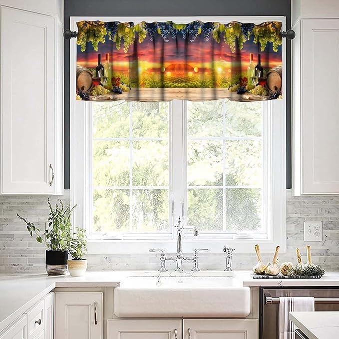 Vineyard Wine Kitchen Valance, Farm Country Sunset Grapes Barrels Window Drapes for Dining Outdoor Party Garden Home Decor, 54x18Inch