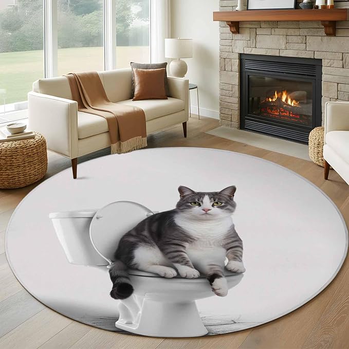 Washable Round Area Rug Cute Funny Cat on The Toilet Circle Rugs Floor Carpet for Living Room Bedroom, Animal Grey Art Soft Non Slip Round Rug 5ft