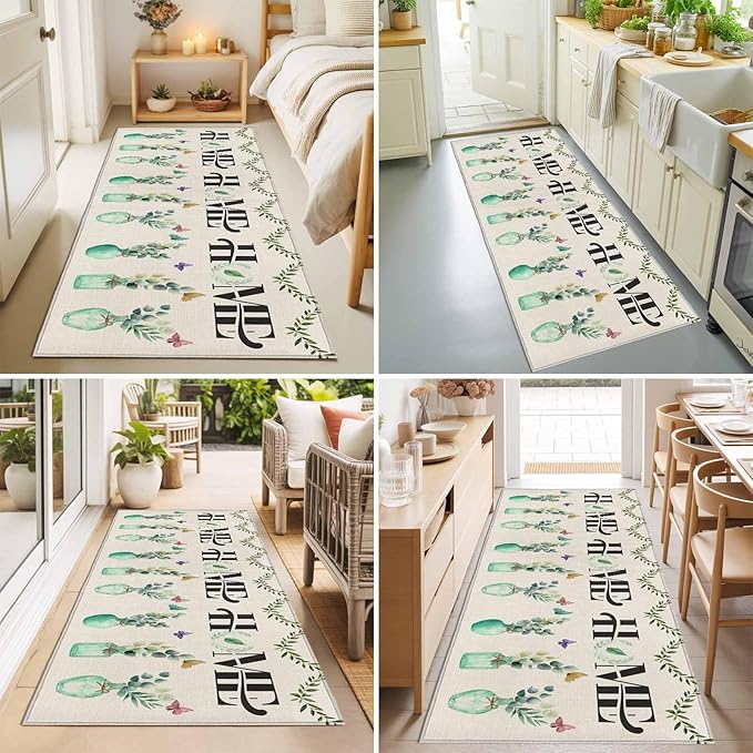 Runner Rug for Bedroom Hallway, Rustic Home Text Eucalyptus Leaf Kitchen Runner Rugs Area Rug 2x6ft, Farmhouse Butterfly Retro Linen Washable Soft Floor Carpet for Entryway Stair