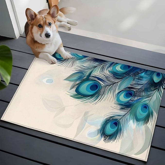 Area Rug 2x3ft, Abstract Animal Art Peacock Feather Washable Rugs for Living Room Bedroom, Watercolor Blue Eyes Beige Soft Non-Slip Area Rugs Rectangle Floor Carpet for Dining Room