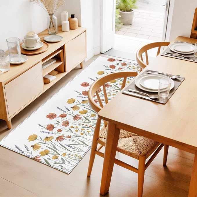 Runner Rug for Bedroom Hallway, Watercolor Daisies Lavender Kitchen Runner Rugs Area Rug 2x6ft, Country Floral Art Washable Soft Floor Carpet for Entryway Stair