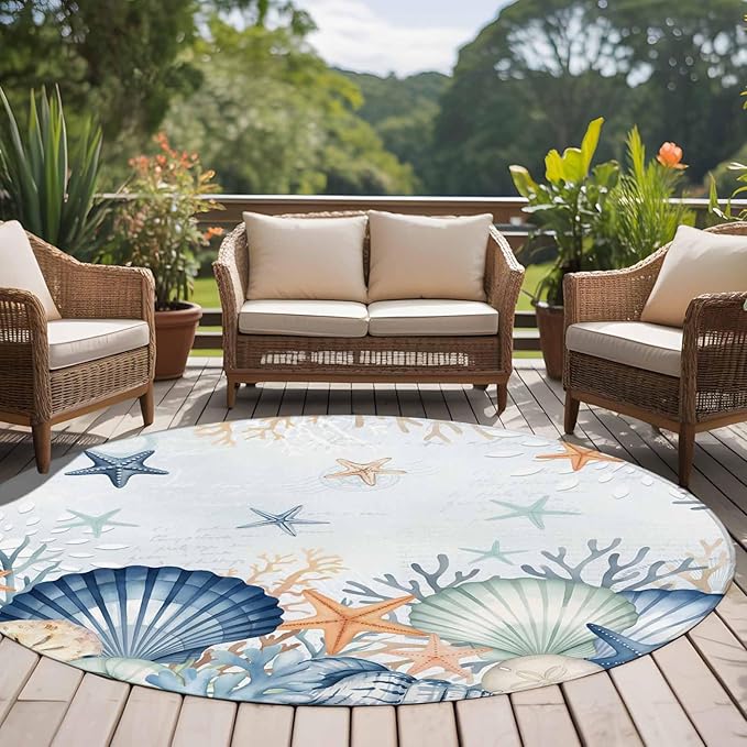Washable Round Area Rug Underwater Shells Starfish on Blue Circle Rugs Floor Carpet for Living Room Bedroom, Colorful Coral Soft Non Slip Round Rug 5ft