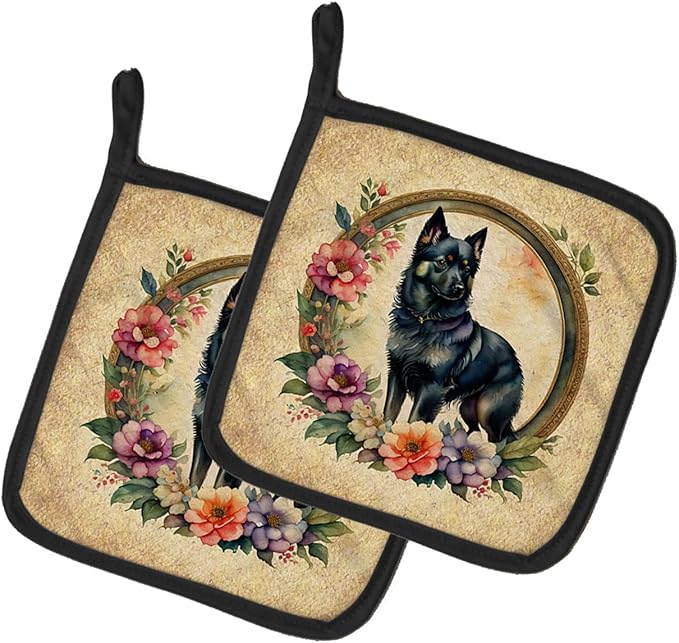Caroline's Treasures Schipperke and Flowers Pair of Pot Holders Kitchen Heat Resistant Pot Holders Sets Oven Hot Pads for Cooking Baking BBQ, 7 1/2 x 7 1/2