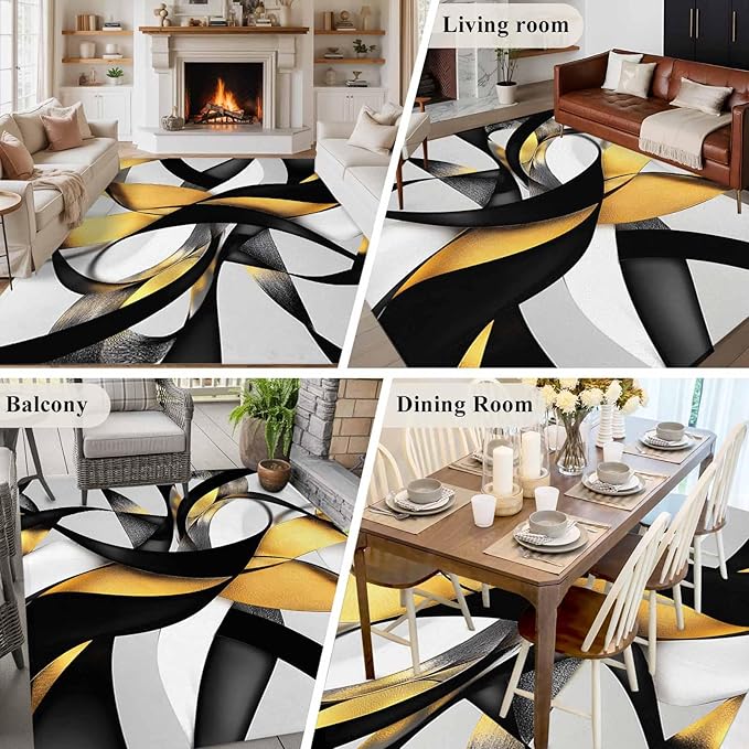 Area Rug 6x9ft, Modern Geometric Stripe Texture Washable Rugs for Living Room Bedroom, Abstract Gold Black White Line Soft Non-Slip Area Rugs Rectangle Floor Carpet for Dining Room