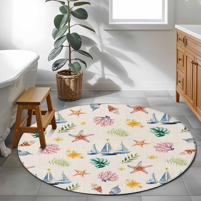 Washable Round Area Rug Summer Sea Starfish Sailboat Circle Rugs Floor Carpet for Living Room Bedroom, Marine Life Coral on Linen Soft Non Slip Round Rug 3ft