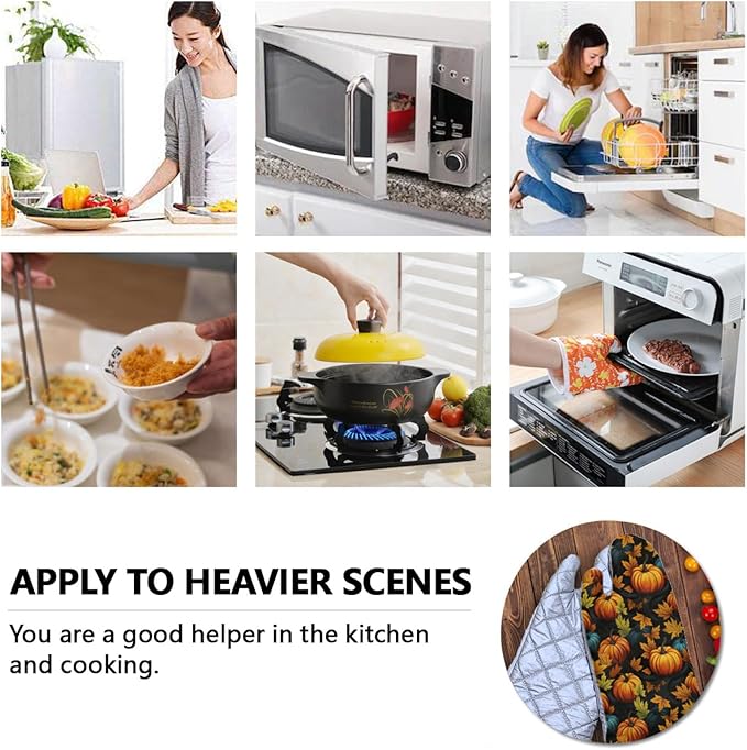 Oven Mitts Pumpkin Heat Resistant Wear-resistant Easy Clean Grill Gloves with Thick Cotton Liner for Grilling Cooking Baking 2PCS