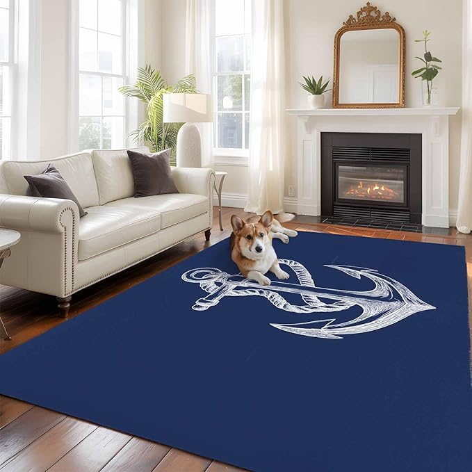 Area Rug 6x9ft, Marine Theme Anchor String Sketch Washable Rugs for Living Room Bedroom, Watercolor Nautical Theme Soft Non-Slip Area Rugs Rectangle Floor Carpet for Dining Room