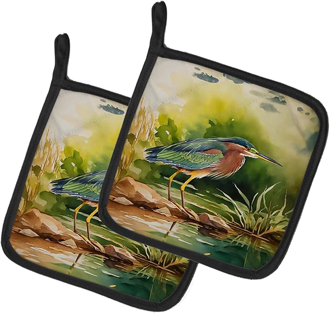 Caroline's Treasures Green Heron Pair of Pot Holders Kitchen Heat Resistant Pot Holders Sets Oven Hot Pads for Cooking Baking BBQ, 7 1/2 x 7 1/2