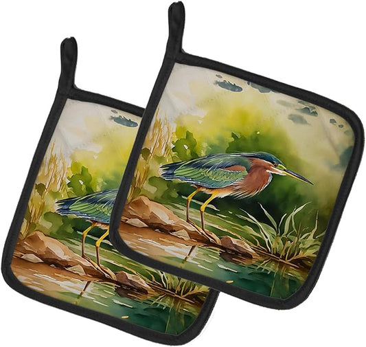 Caroline's Treasures Green Heron Pair of Pot Holders Kitchen Heat Resistant Pot Holders Sets Oven Hot Pads for Cooking Baking BBQ, 7 1/2 x 7 1/2