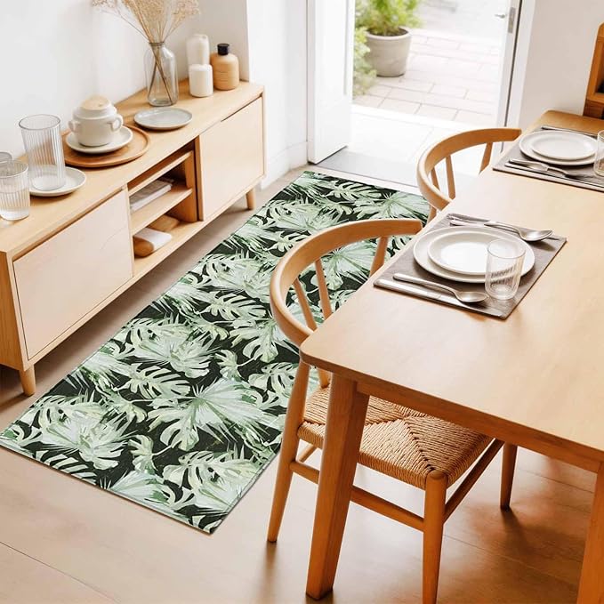 Runner Rug for Bedroom Hallway, Abstract Dark Green Palm Leaves Kitchen Runner Rugs Area Rug 2x6ft, Watercolor Plants Washable Soft Floor Carpet for Entryway Stair