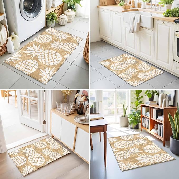 Area Rug 2x3ft, Summer Fruit Pineapple Washable Rugs for Living Room Bedroom, Rustic Vintage Tropical Leaves Soft Non-Slip Area Rugs Rectangle Floor Carpet for Dining Room