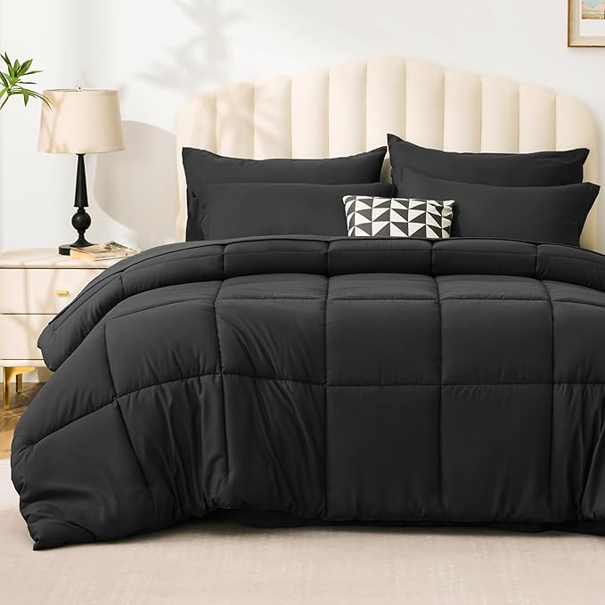 Love's cabin Twin XL Comforter Set Ash Black, 5 Pieces Twin XL Bed in a Bag, All Season Bedding Sets with 1 Comforter, 1 Flat Sheet, 1 Fitted Sheet, 1 Pillowcase and 1 Pillow Sham | Soft, Breathable, Lightweight, Comfortable