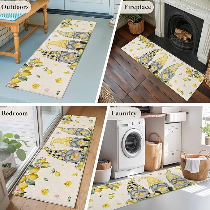 Runner Rug for Bedroom Hallway, Summer Gnome with Lemon Kitchen Runner Rugs Area Rug 2x6ft, Farmhouse Dwarf Fruit on Linen Washable Soft Floor Carpet for Entryway Stair
