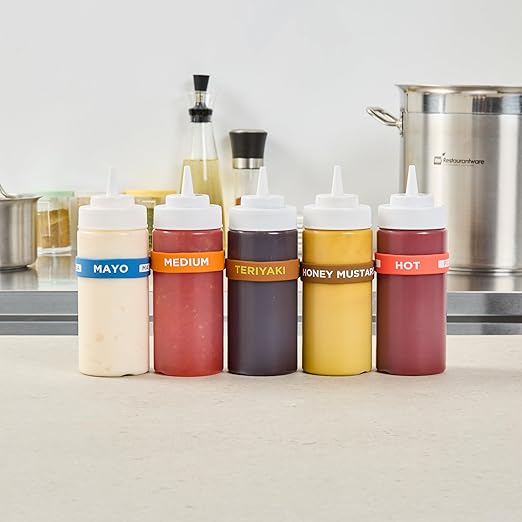 Restaurantware Silicone Squeeze Bottle Band 10 Count 2.75 Inch Dishwasher Safe Condiment Identification Band, Teriyaki Brown Non-Slip Label Band for Condiment Labeling at Restaurants, Food Trucks