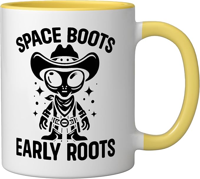 Alien Lover Flying Saucer UFO Extraterrestrial Cowboy Ceramic Mug, Yellow/White