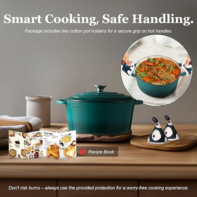 Overmont Enameled Cast Iron Dutch Oven - 7QT Pot with Lid Cookbook & Cotton Potholders - Heavy-Duty Cookware for Braising, Stews, Roasting, Sourdough Baking bottle green