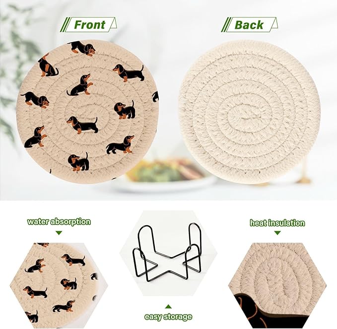 YETTASBIN Cute Dachshund Dog 6 Pcs Drink Coasters with Holder, Cotton Woven Absorbent Heat-Resistant Round Coaster Non-Slip Table Mat for Kitchen Bar Home Decor Housewarming Gift, 3.9 in