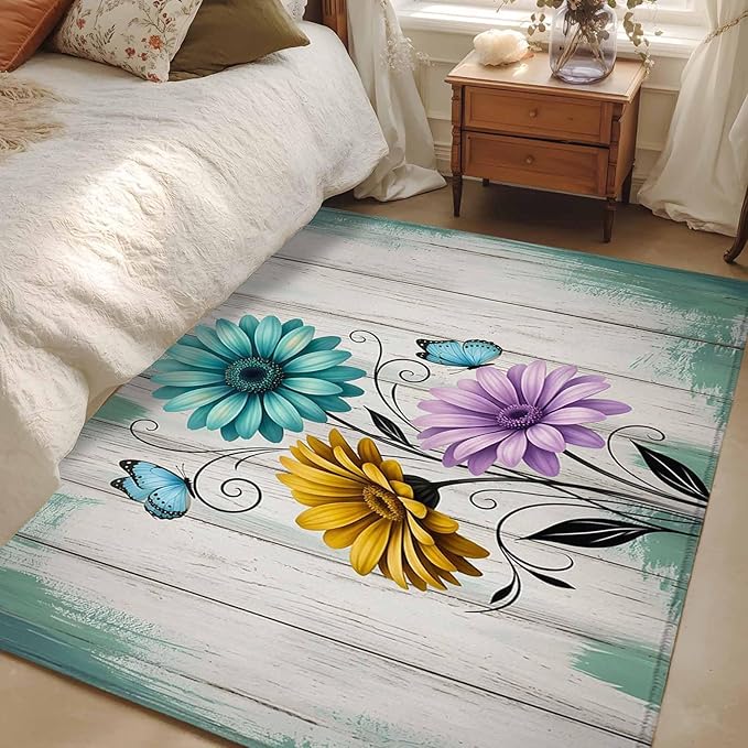 Area Rug 3x5ft, Farm Flower Daisy Retro Wood Barn Washable Rugs for Living Room Bedroom, Blossom Flower Butterfly Soft Non-Slip Area Rugs Rectangle Floor Carpet for Dining Room