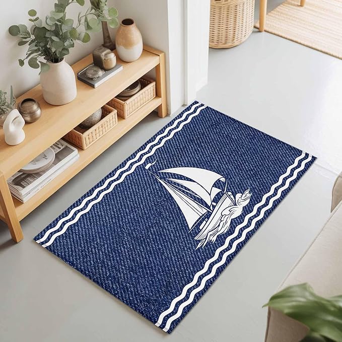 Area Rug 2x3ft, Nautical Sailing Boat on Steel Blue Washable Rugs for Living Room Bedroom, Vintage Water Waves Soft Non-Slip Area Rugs Rectangle Floor Carpet for Dining Room